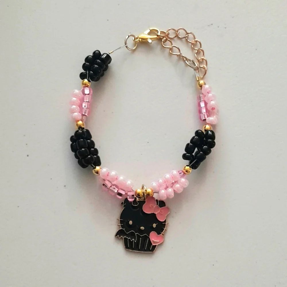 Black & Pink Beaded Kitty Bracelet